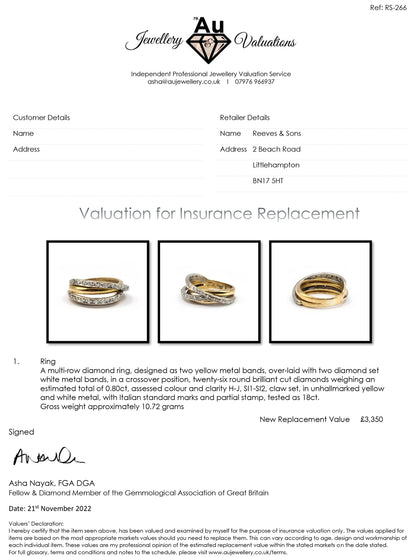 9ct multi-gold diamond ring with 0.80 carats of sparkling diamonds, featuring a elegant design and mixed gold tones.