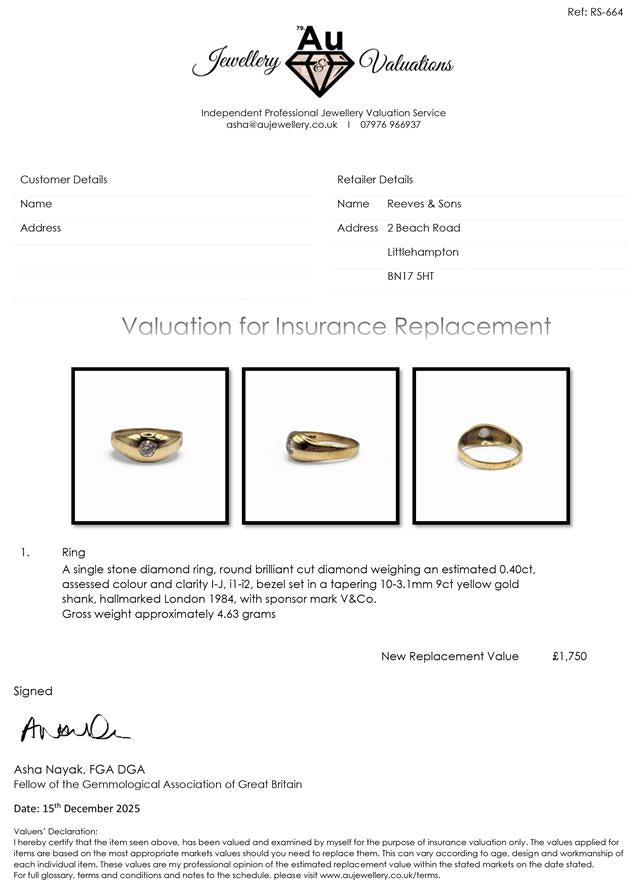 9ct yellow gold ring with a single diamond, showcasing a sleek design and sparkling gemstone in a close-up view.