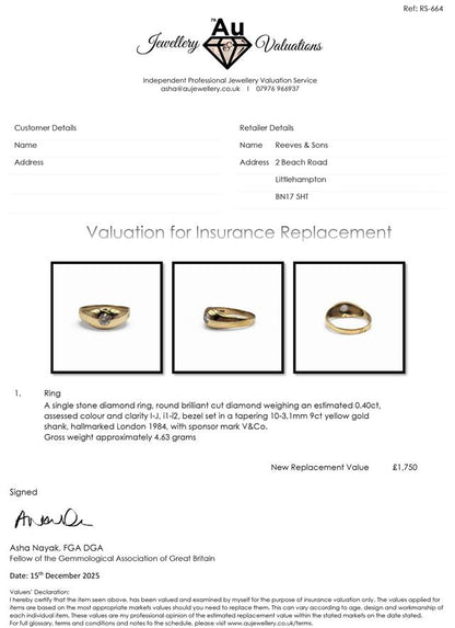 9ct yellow gold ring with a single diamond, showcasing a sleek design and sparkling gemstone in a close-up view.