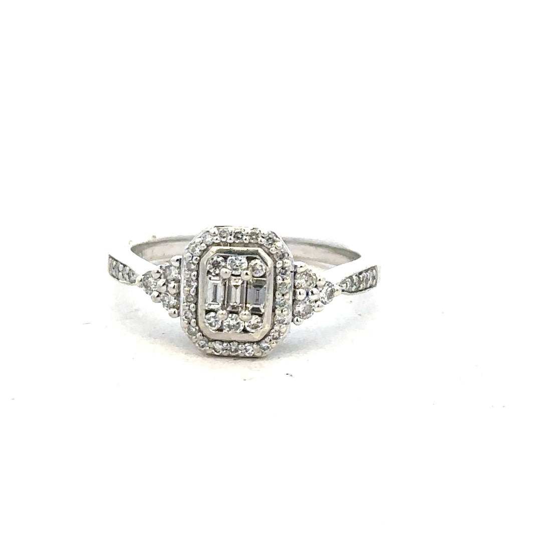 9ct white gold diamond ring with 0.35 carat gemstone in size J, featuring a sleek, elegant design.