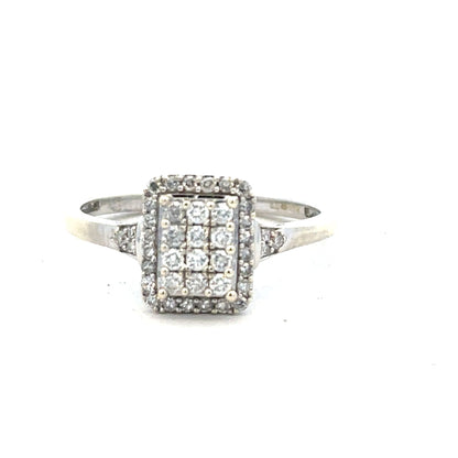 9ct white gold diamond ring with 0.36 carats, size S, featuring a sparkling central diamond and elegant band design.