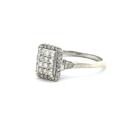 9ct white gold diamond ring with 0.36 carats, size S, featuring a sparkling central diamond and elegant design.