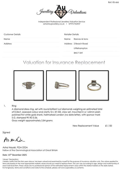 9ct white gold diamond ring with 0.36 carats, size S, featuring a sparkling diamond setting.