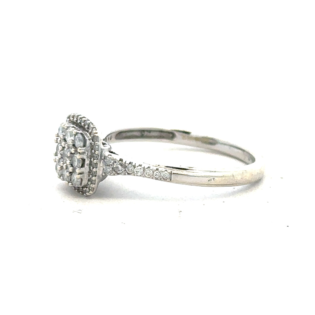 9ct white gold diamond ring with 0.40 carats, size P, featuring a polished band and sparkling center stone.