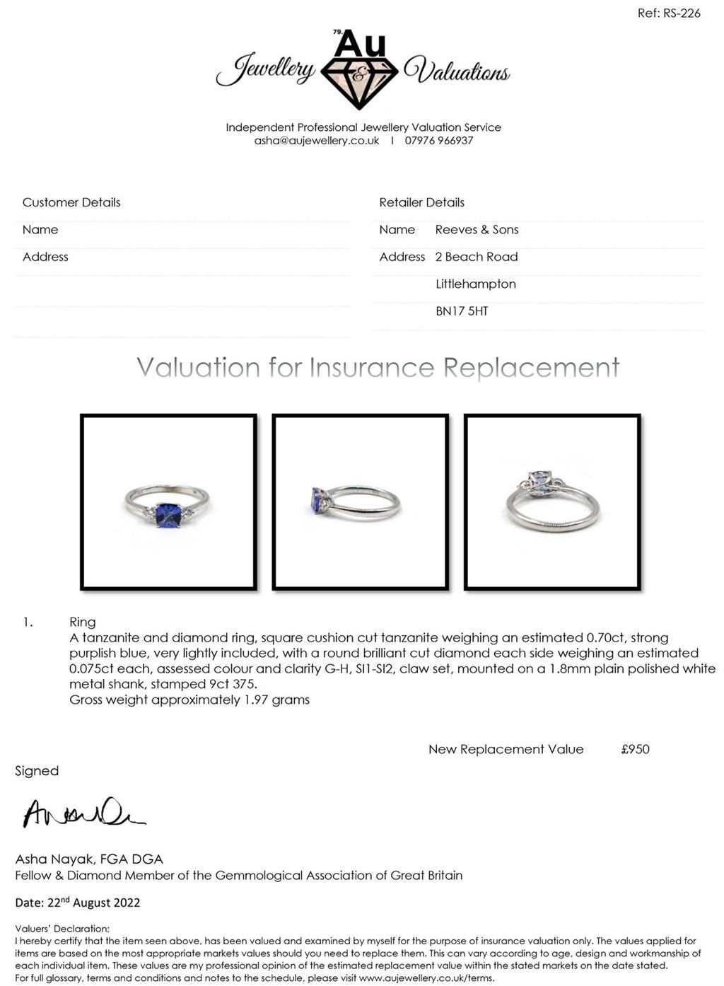 9ct white gold ring featuring a 0.70 carat tanzanite gemstone and diamond accents, showcasing elegant jewelry design.