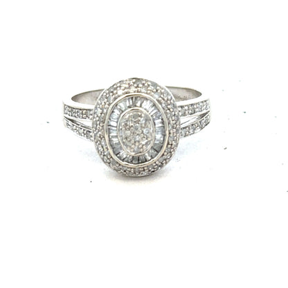 9ct white gold diamond ring with a half-caret center stone, size P, featuring a sleek band and sparkling diamond accents.