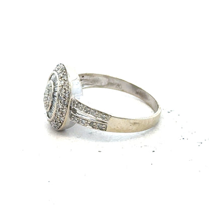 9ct white gold diamond ring with 1/2 carat solitaire, size P, featuring a sparkling center stone and elegant band design.