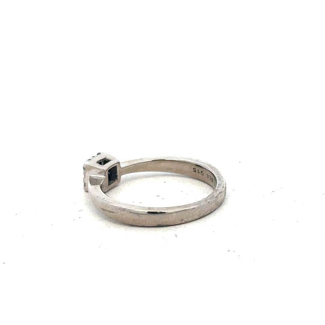 9ct white gold diamond ring with 15pts of diamonds, size K1/2, featuring a sleek band and sparkling stone detail.