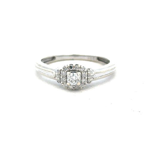9ct white gold diamond ring with 20pts sparkling stone, size K1/2, featuring a sleek, elegant design.