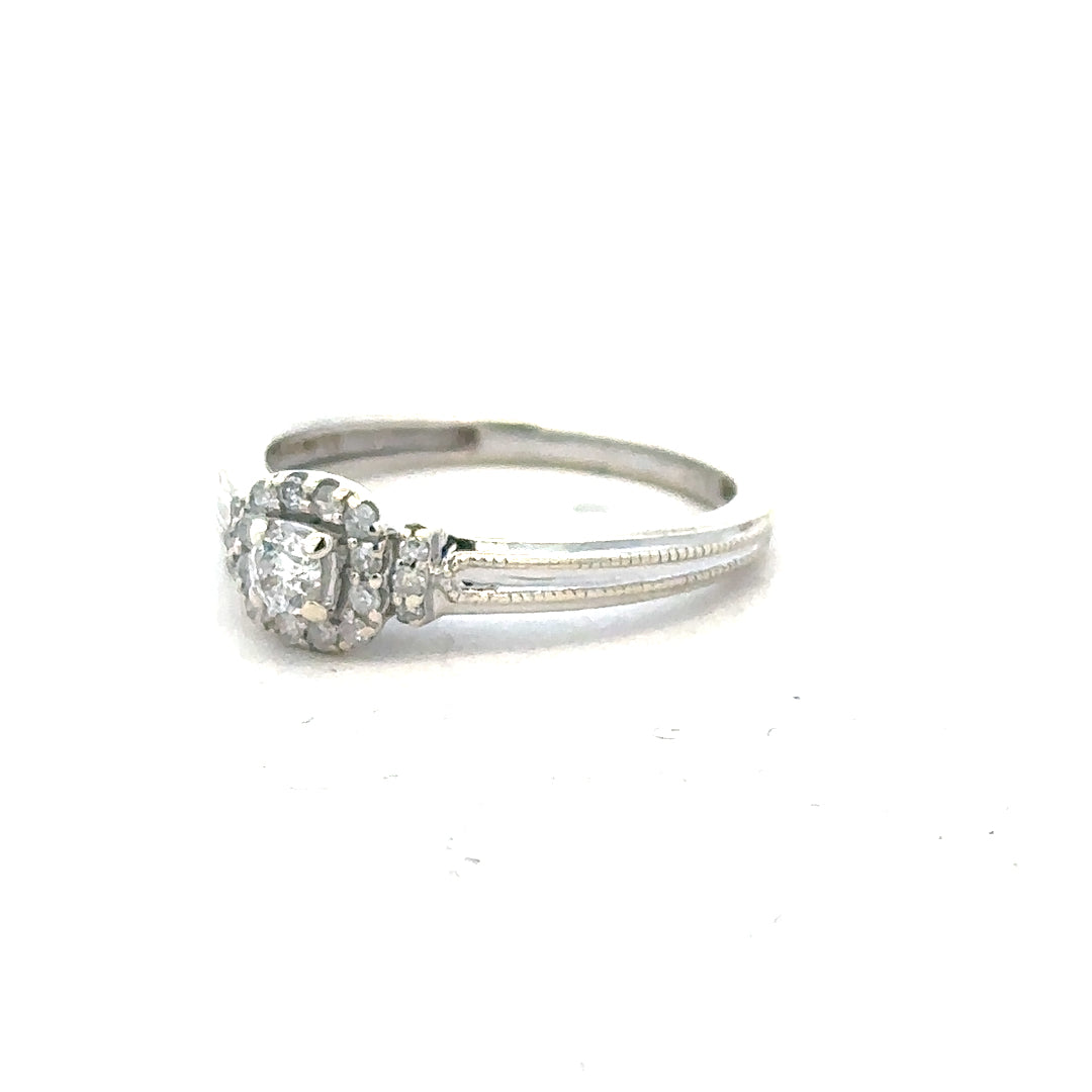 9ct white gold diamond ring with 20pts diamonds, size K 1/2, featuring a sleek and elegant design.