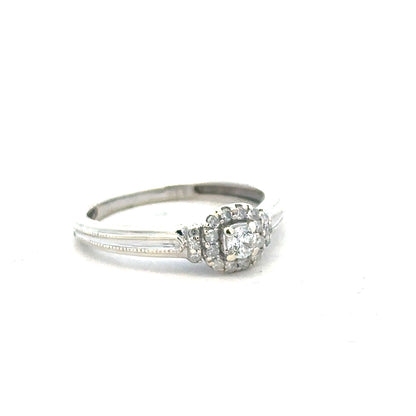 9ct white gold diamond ring with 20pts of diamonds in size K1/2, showcasing a sleek and elegant jewelry design