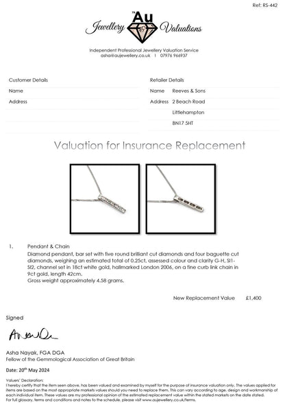 9ct white gold chain with 18ct diamond pendant featuring 0.25 carats of sparkling diamonds, elegant jewelry accessory.