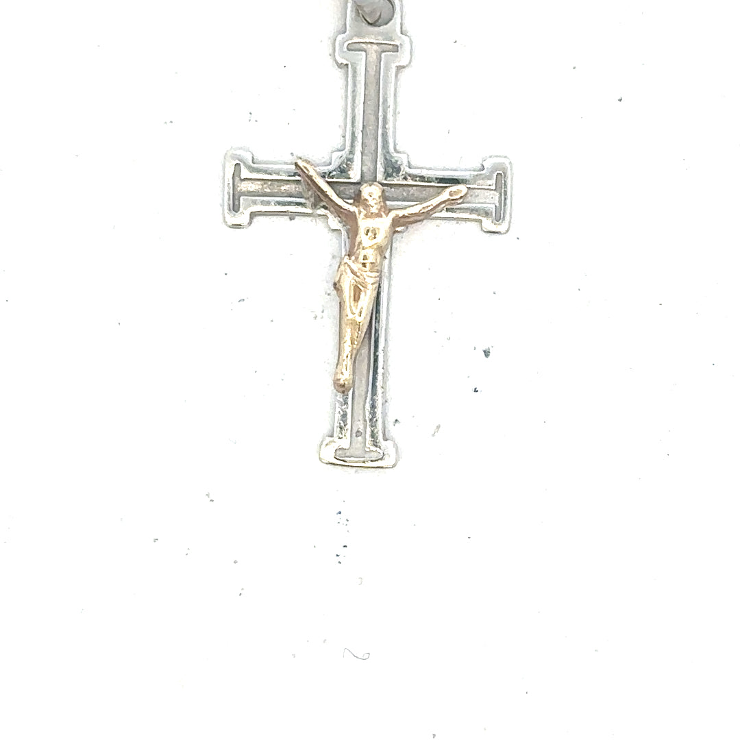 9ct white gold cross pendant weighing 1.7g, featuring a classic design, displayed against a neutral background.