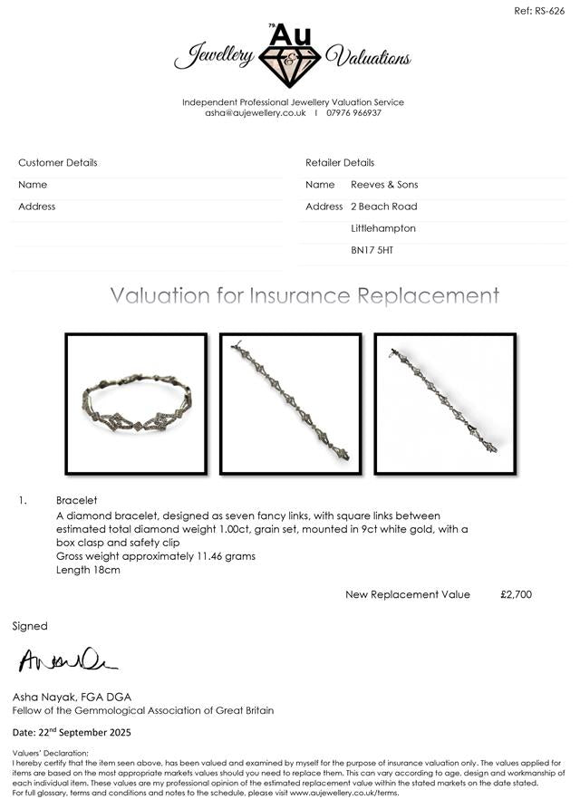 9ct white gold diamond bracelet with sparkling diamonds, elegant jewelry piece, unbranded, showcasing fine craftsmanship and shine.