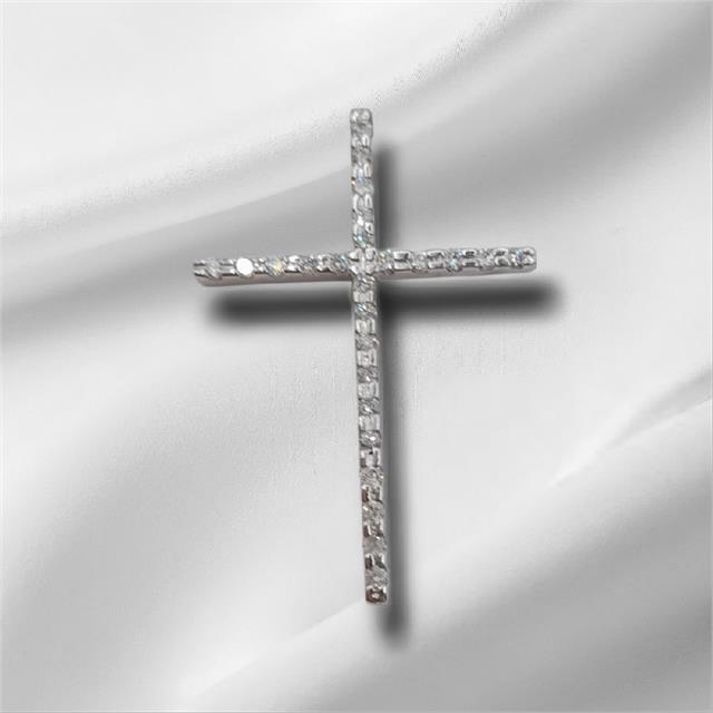 9ct white gold diamond cross pendant with sparkling diamonds, weighs 2.1g, displayed on a neutral background.