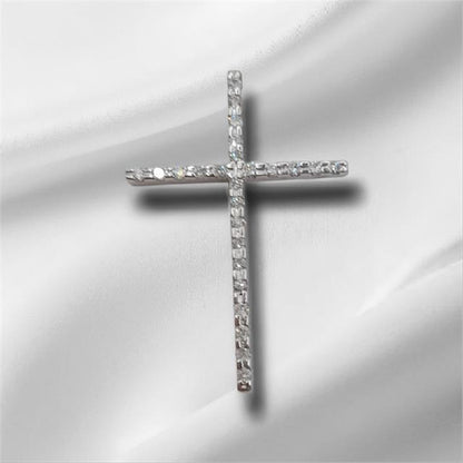9ct white gold diamond cross pendant with sparkling diamonds, weighs 2.1g, displayed on a neutral background.