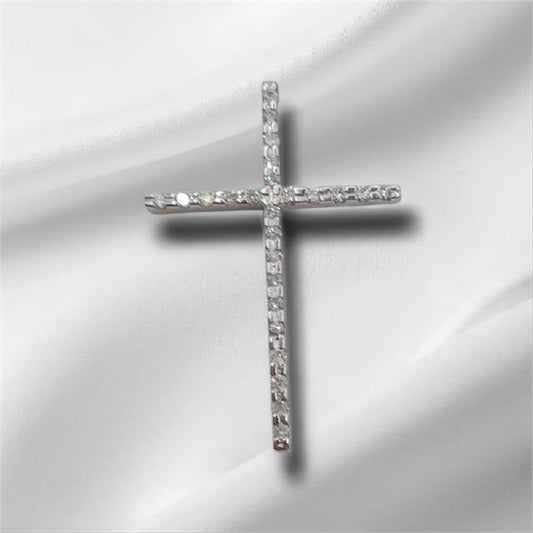 9ct white gold diamond cross pendant with sparkling diamonds, weighs 2.1g, displayed on a neutral background.