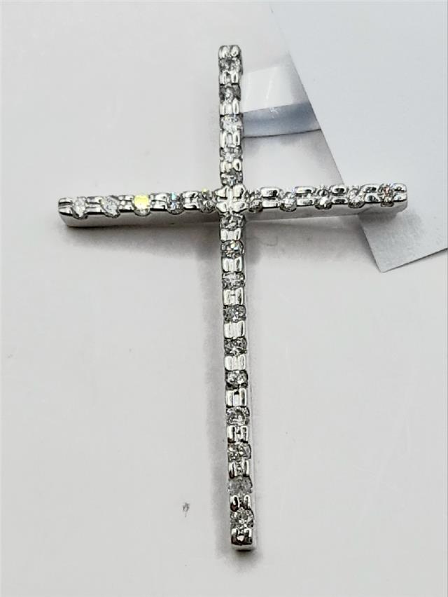9ct white gold diamond cross pendant with 2.1g weight, featuring sparkling diamonds and a sleek design.