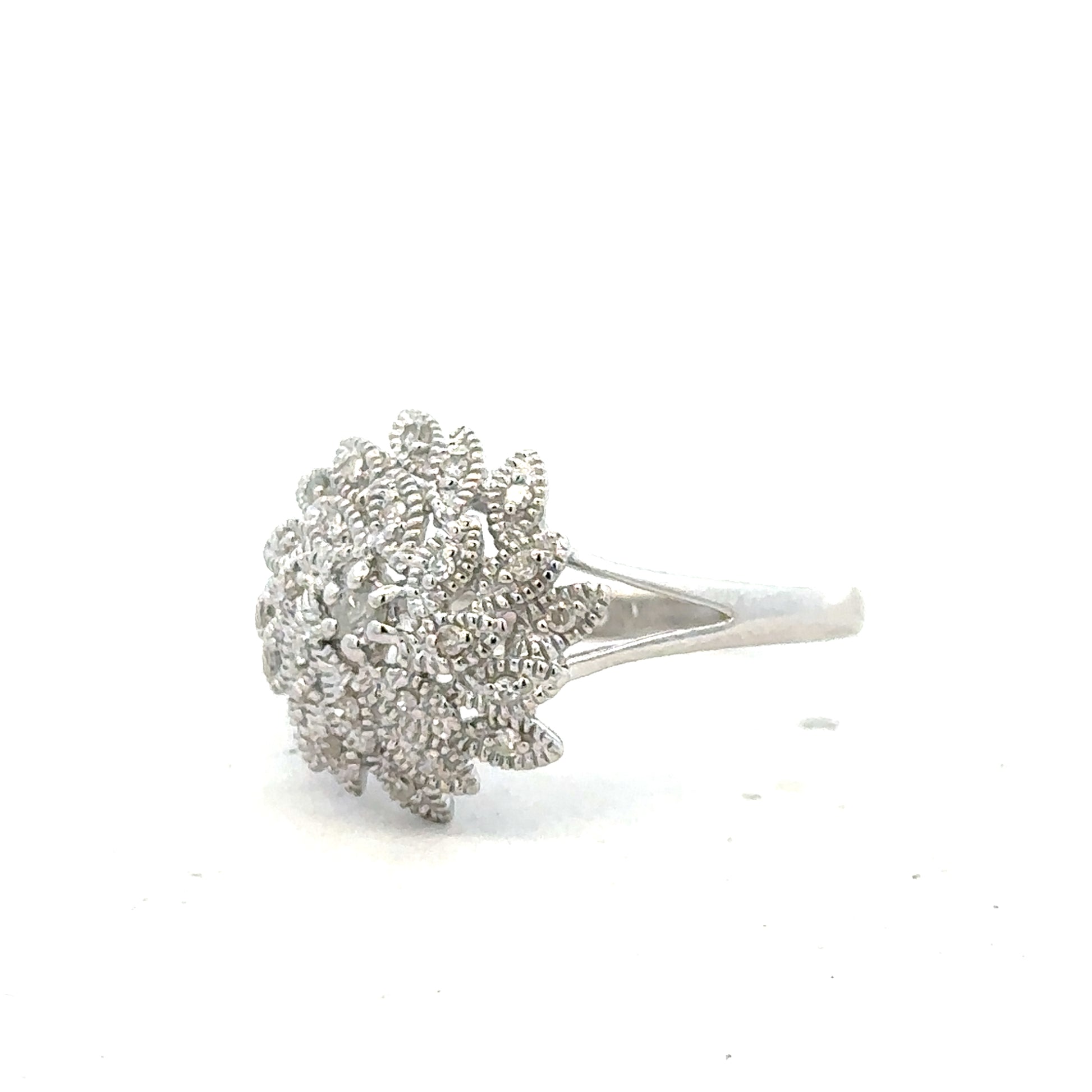9ct white gold diamond ring size N with sparkling diamonds, featuring a sleek design and polished finish.