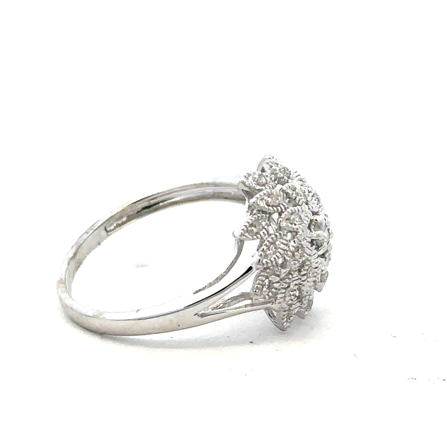 9ct white gold diamond ring size N with sparkling diamonds, showcasing elegant design and fine craftsmanship.