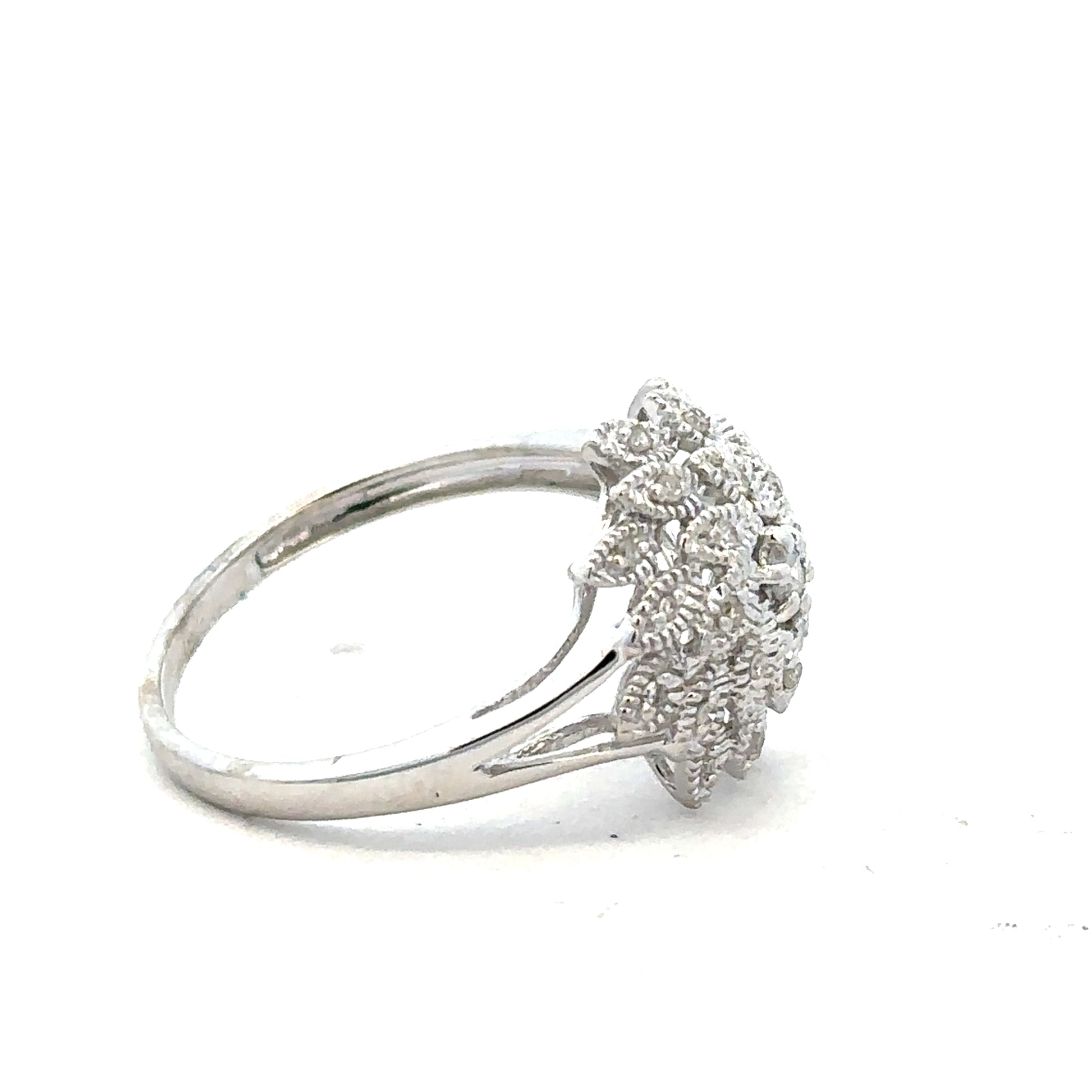 9ct white gold diamond ring size N with sparkling diamonds, showcasing elegant design and fine craftsmanship.