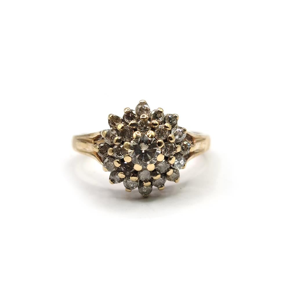 9ct yellow gold diamond cluster ring with 1-carat total weight, featuring a sparkling diamond design and unbranded craftsmanship.