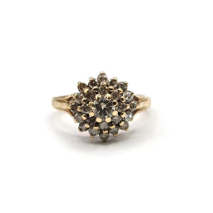 9ct yellow gold diamond cluster ring with 1-carat total weight, featuring a sparkling diamond design and unbranded craftsmanship.