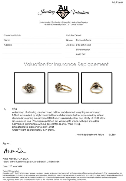 9ct yellow gold diamond cluster ring featuring a 1-carat diamond centerpiece and intricate band detailing.