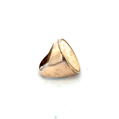 9ct yellow gold full sovereign ring, size O, unbranded, with detailed design visible in the image.