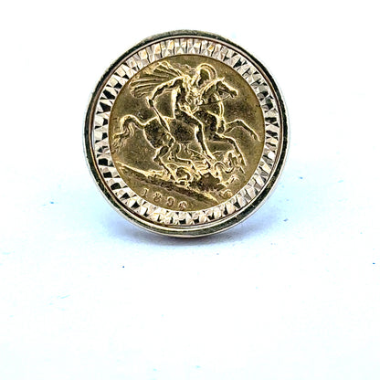 9ct yellow gold half Sovereign ring in size M1/2, featuring detailed vintage coin design, unbranded jewelry accessory