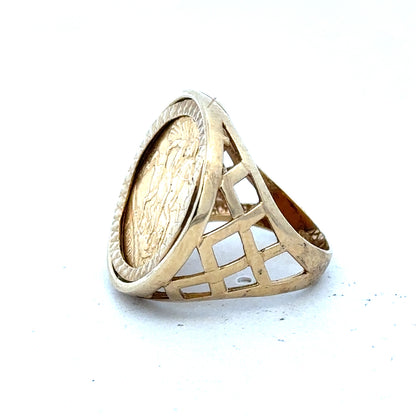 9ct yellow gold Half Sovereign ring in size M1/2, featuring detailed coin design, unbranded jewelry accessory.