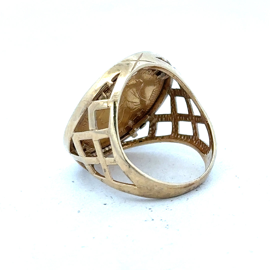 9ct yellow gold half Sovereign ring in size M1/2 with detailed coin design, unbranded jewelry piece.