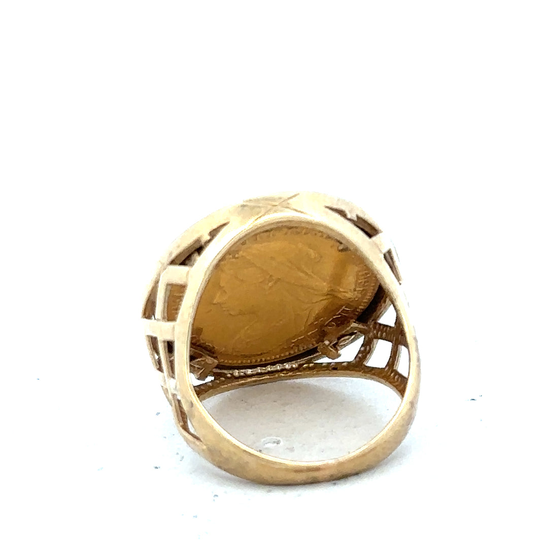 9ct yellow gold half Sovereign ring in size M1/2, unbranded, featuring vintage design and detailed coin motif.