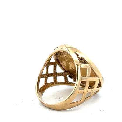 9ct yellow gold half Sovereign ring, size M1/2, featuring detailed vintage coin design, unbranded jewelry accessory.