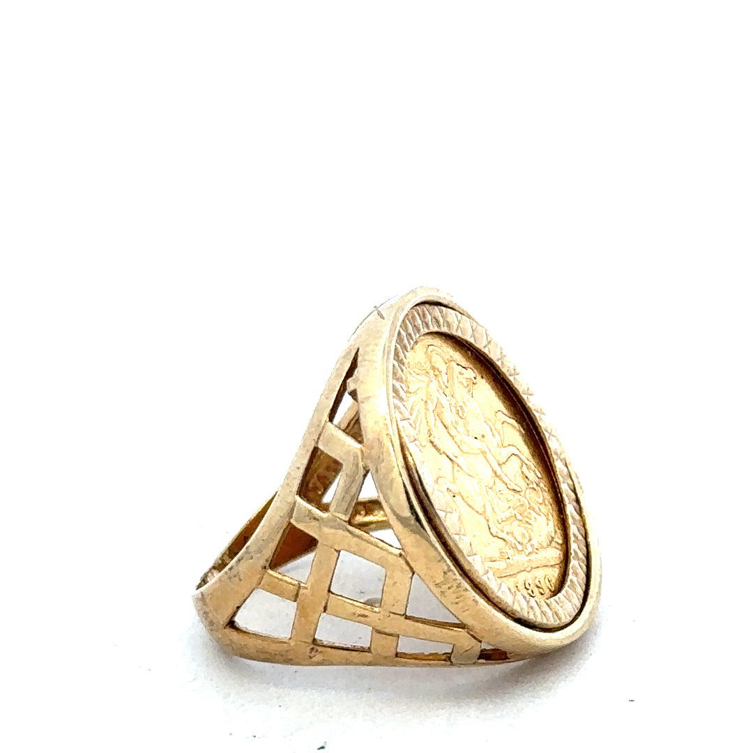 9ct yellow gold half Sovereign ring in size M1/2, unbranded, featuring classic gold design and detailed coin motif.