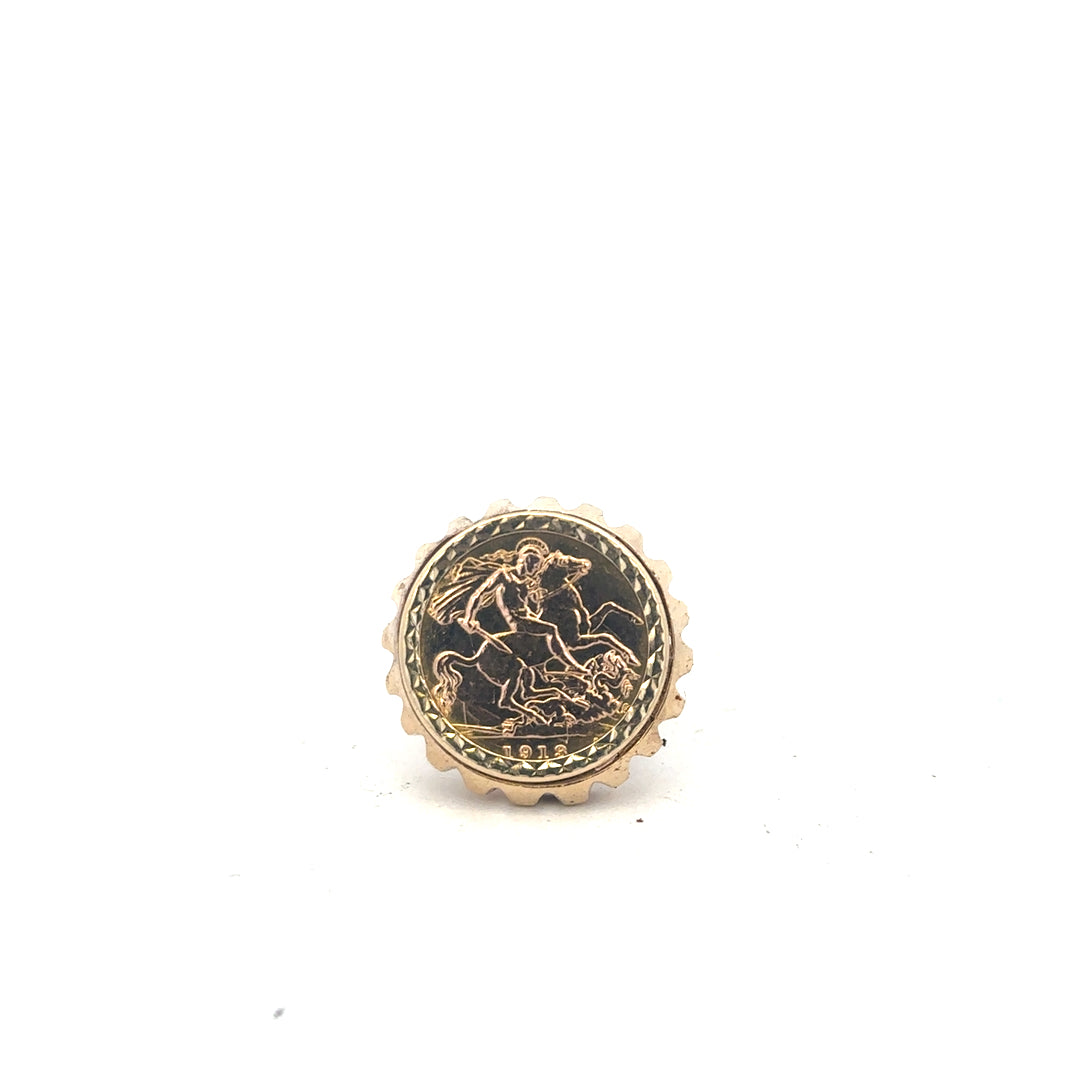 9ct yellow gold 1918 half sovereign ring in size K1/2, unbranded, featuring intricate gold band design and vintage coin detail.