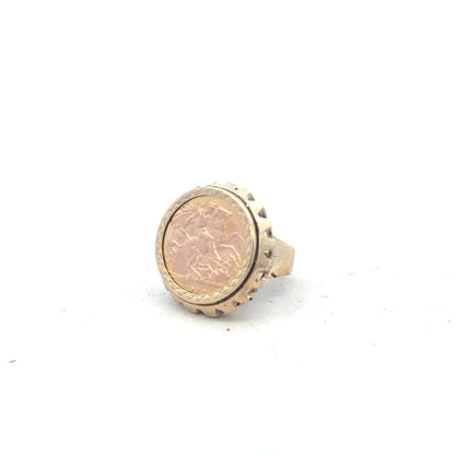 9ct yellow gold 1918 half sovereign ring in size K1/2 with detailed vintage coin design, unbranded jewelry piece.