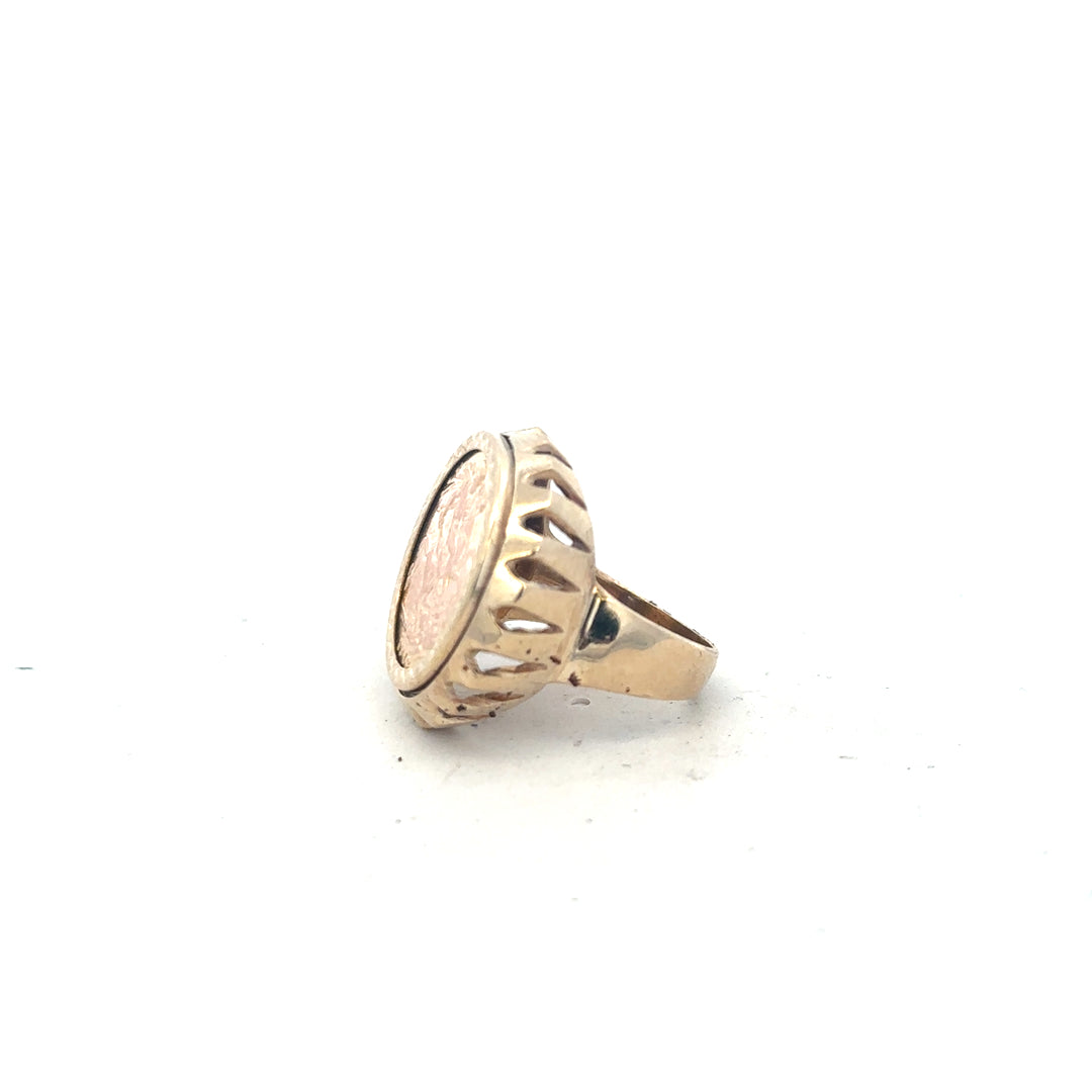 9ct yellow gold 1918 half sovereign ring in size K1/2 with detailed coin design, unbranded, showcasing vintage style jewelry.