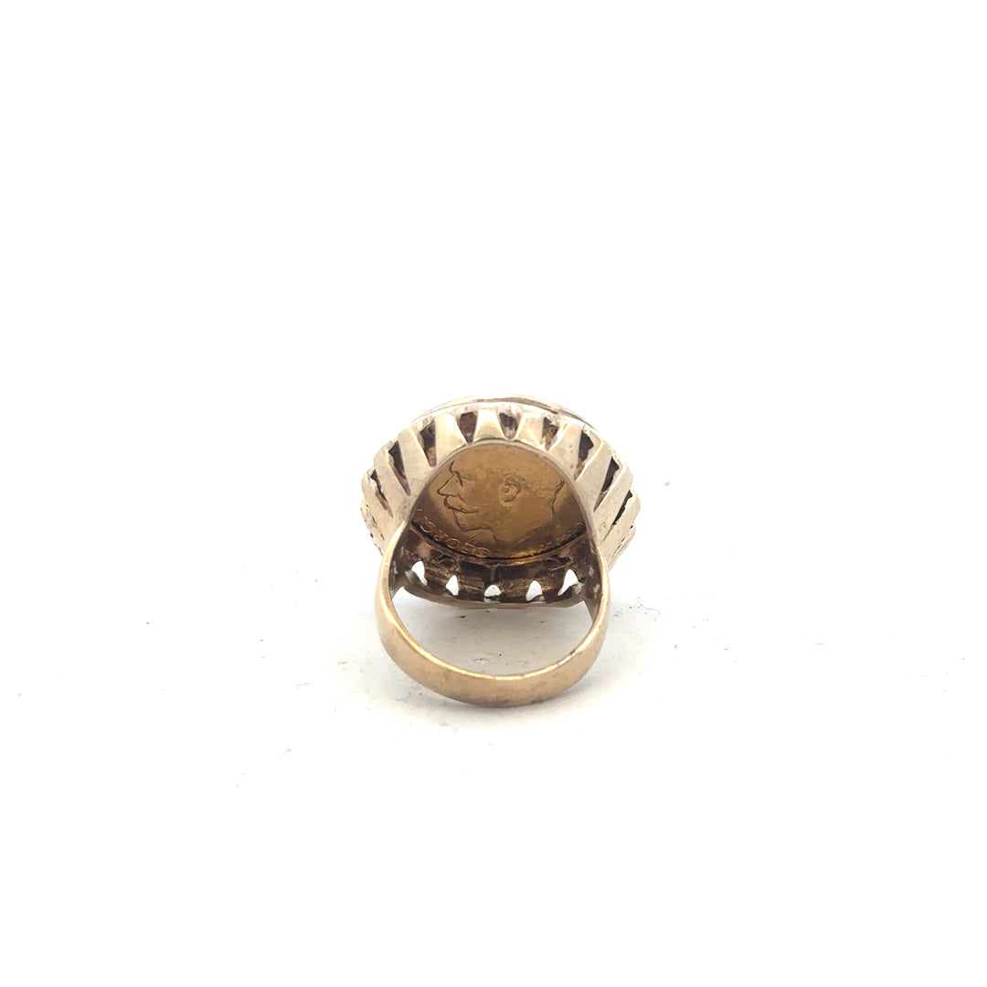 9ct yellow gold 1918 half sovereign ring in size K1/2, featuring detailed coin design on a smooth gold band.