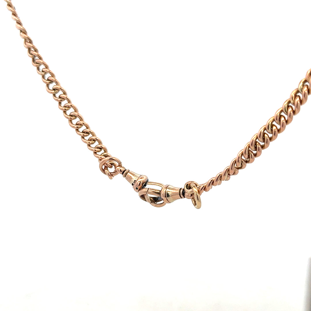 9ct yellow gold Albert chain with a classic design, weighing 45.6g, displayed on a plain background.
