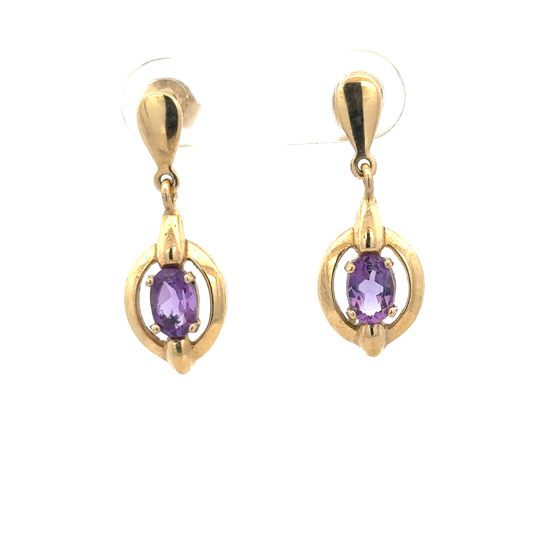 9ct yellow gold amethyst earrings with purple gemstones, unbranded, weighing 2.1g, showcasing elegant jewelry design.