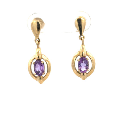 9ct yellow gold amethyst earrings with purple gemstones, unbranded, weighing 2.1g, showcasing elegant jewelry design.