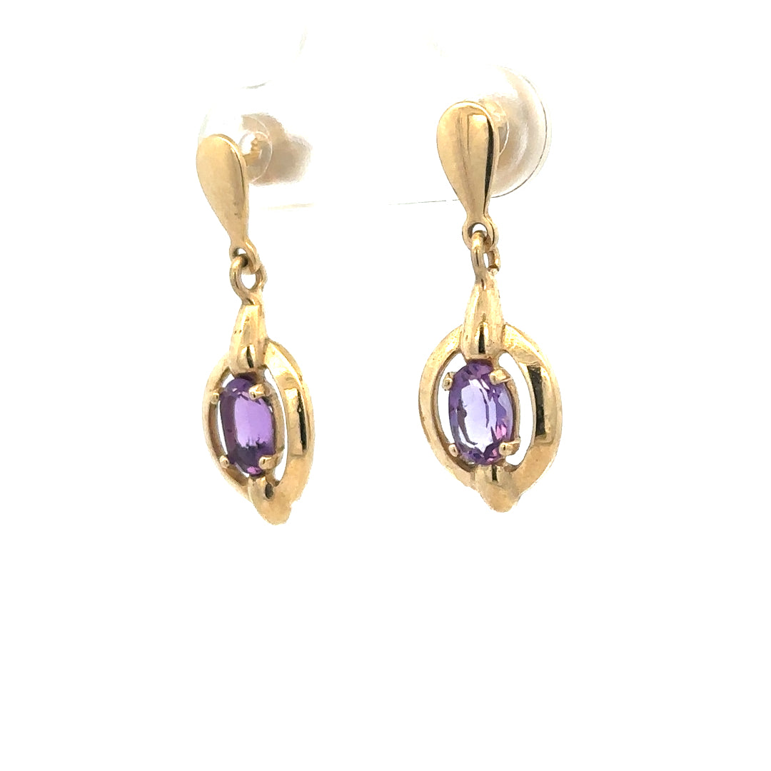 9ct yellow gold amethyst earrings with purple stones, lightweight design, unbranded jewelry, visible gemstone details.