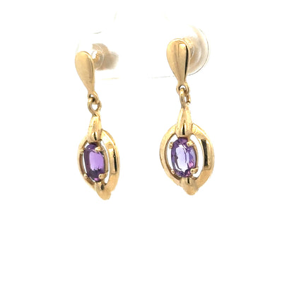 9ct yellow gold amethyst earrings with purple stones, lightweight design, unbranded jewelry, visible gemstone details.
