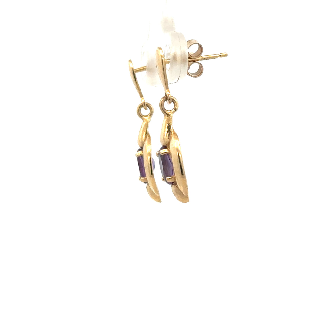 9ct yellow gold amethyst earrings with purple gemstones, featuring a delicate design and lightweight 2.1g weight.