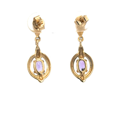 9ct yellow gold amethyst earrings with lavender gemstones, weight 2.1g, featuring elegant stud design.