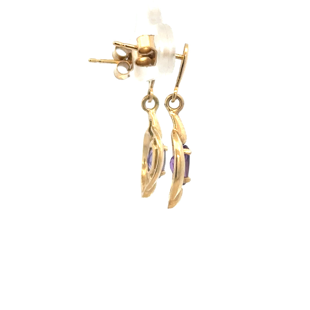9ct yellow gold amethyst earrings with purple gemstones, lightweight 2.1g, elegant jewelry for pierced ears.