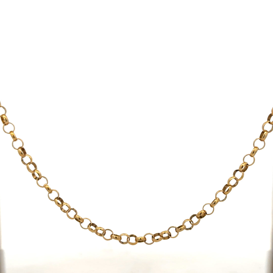9ct yellow gold belcher chain with a 15g weight, showcasing a classic link design in a close-up view.