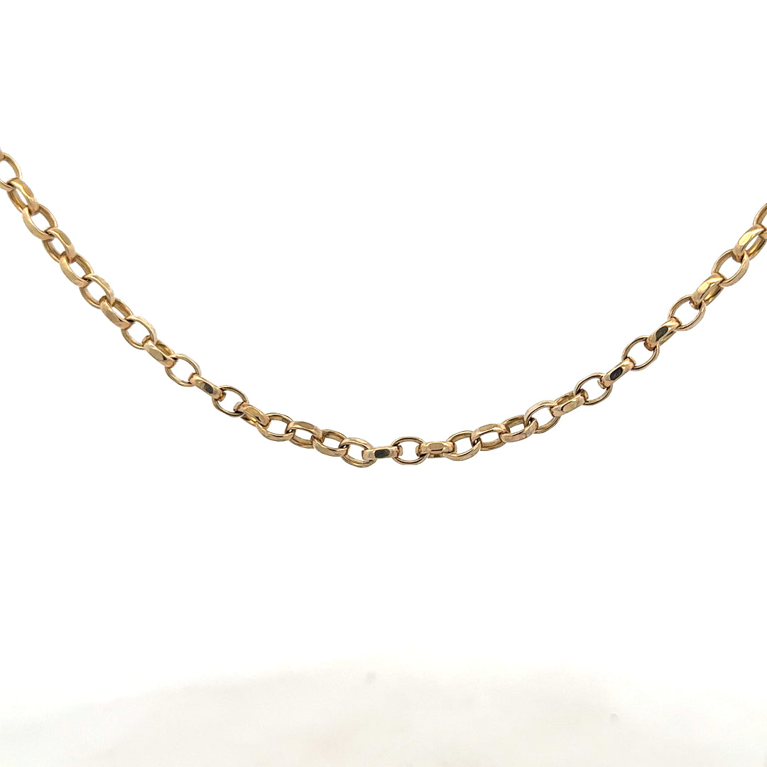 9ct yellow gold belcher chain, unbranded, 17.3g, with detailed links visible, showcasing a classic jewelry chain design.