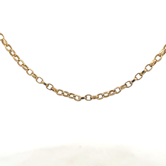 9ct yellow gold belcher chain, unbranded, 17.3g, with detailed links visible, showcasing a classic jewelry chain design.